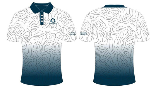 9After5 Golf Polo – White & Navy Topographic Performance Polo |