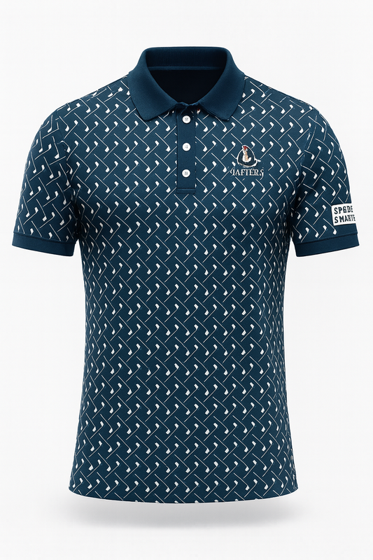 9After5 Golf Polo – Navy Performance Polo with Golf Club Pattern | Premium Breathable Fabric, Course-to-Clubhouse Style
